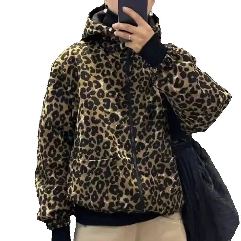 

Осень-зима, утепленная хлопковая куртка для женщин, новинка 2025, модное свободное повседневное хлопковое пальто с капюшоном, верхняя одежда с леопардовым принтом, женская