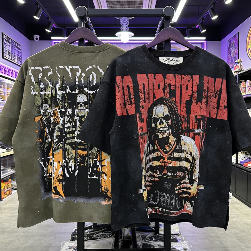 

Футболка унисекс в стиле хип-хоп и ретро с коротким рукавом, с принтом букв и черепов, из хлопка, в стиле рокабилли, с эффектом потертости