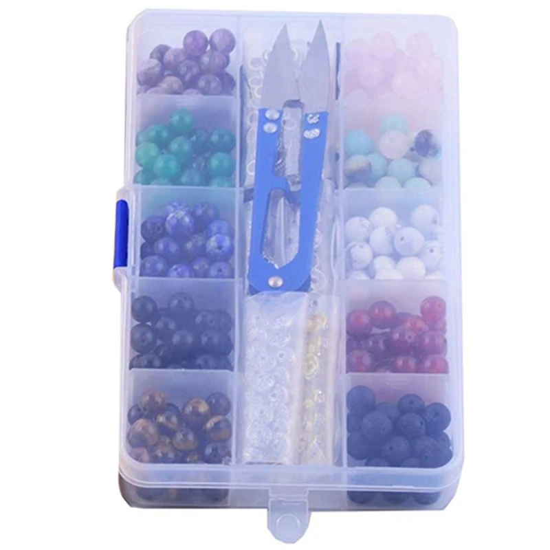 Gem Bead Box Set 240 Round Loose Stones Natural Amethyst Lava Mixed Color Bracelet Jewelry Making Tool Kit