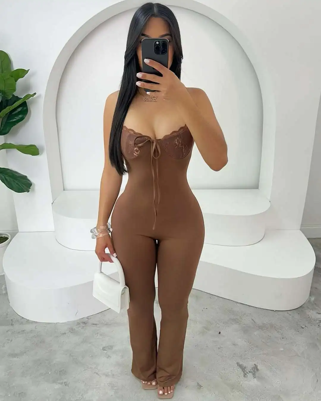 

Однотонное эластичное боди 2025 года — сексуальный комбинезон с кружевными деталями и бантом, клубные наряды для женщин 2025