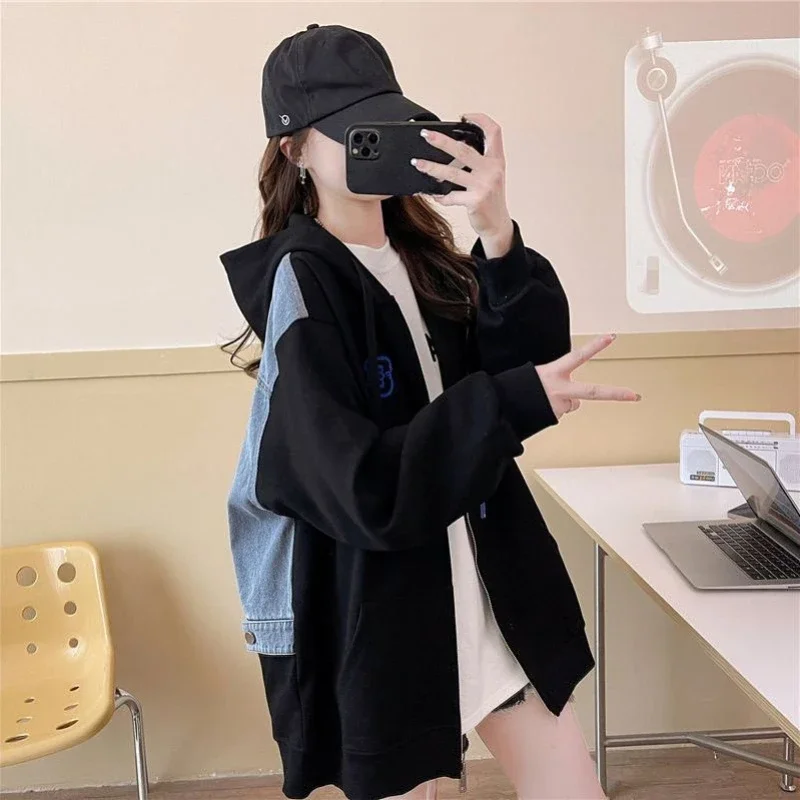 Con cerniera Baggy nero abbigliamento donna Full Zip Up con cappuccio grigio lungo Splicing felpe con cappuccio felpa da donna Top allentato abbinato Kpop