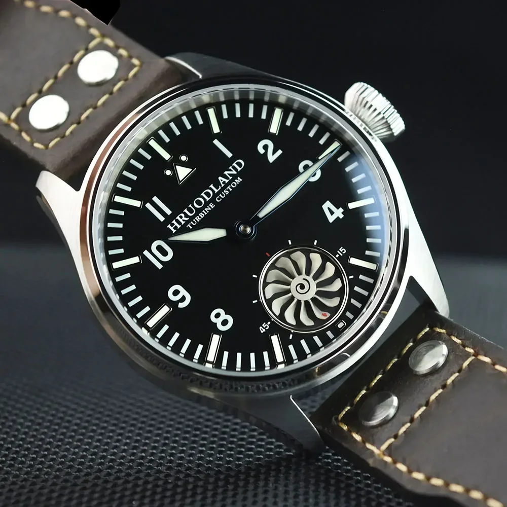 40mm Hruodland Turbine Custom Pilot Watch for Men ST3620 Mechanical Movement BGW-9 Luminous Sapphire Crystal Frosted Dial Reloj