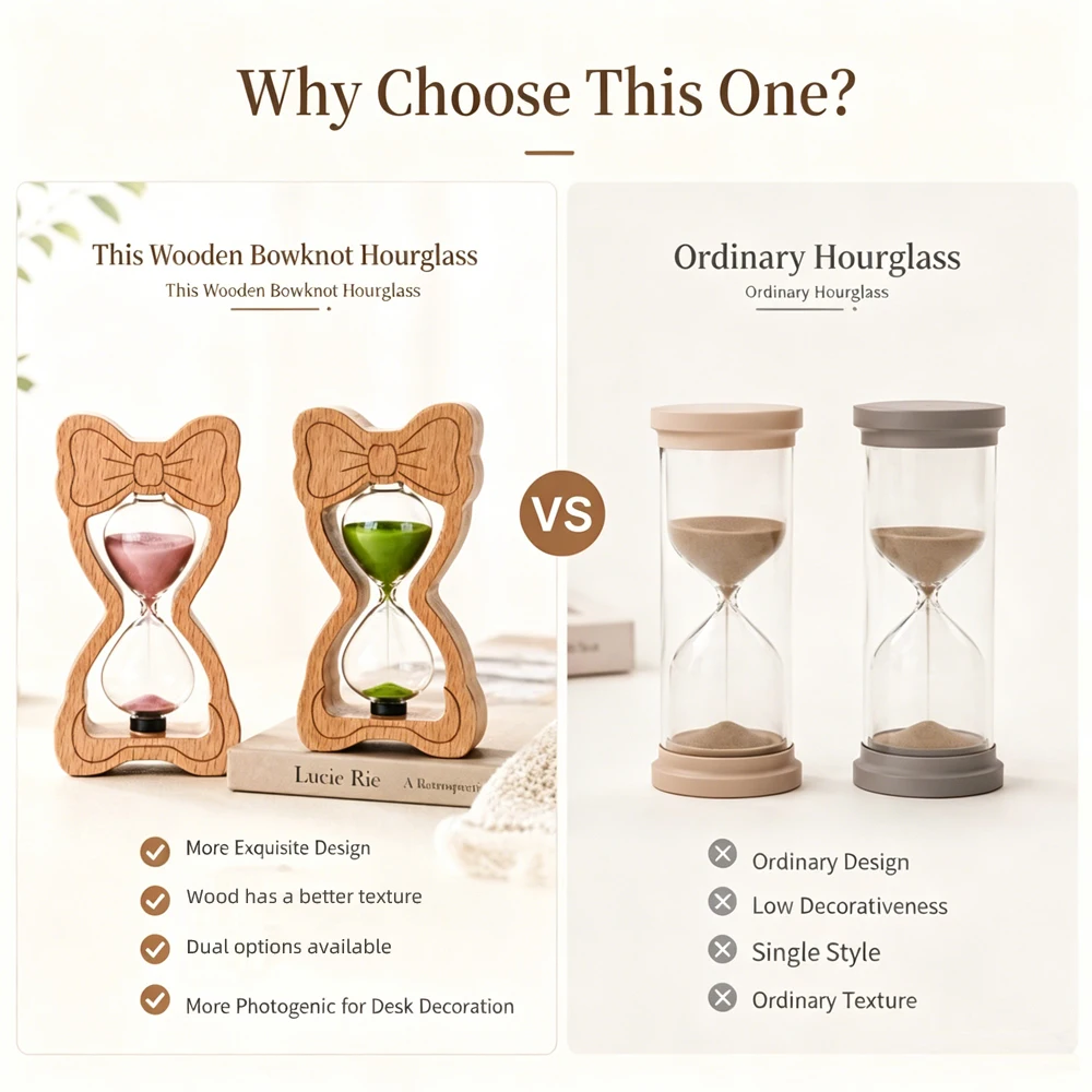 3/5 Minutes Cute Bow Shaped Wooden Hourglass--Dual Color Sand Timer for Desk Decor,Learning, cooking, Stress Relief,Perfect Gift
