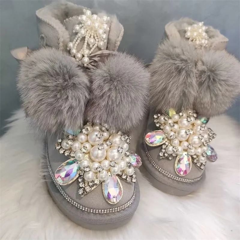 Fox hair boots Rhine-diamond pearl handmade lace-up fur one-piece boots Winter plus wool warm boots Women plus size 35-44