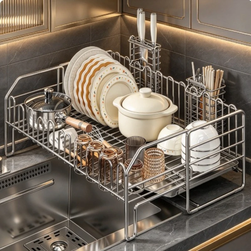 Stainless Steel Dish Rack, Kitchen Sink Drying Organizer, Multi-Tier Large Capacity Countertop Storage, Rustproof No-Assembly