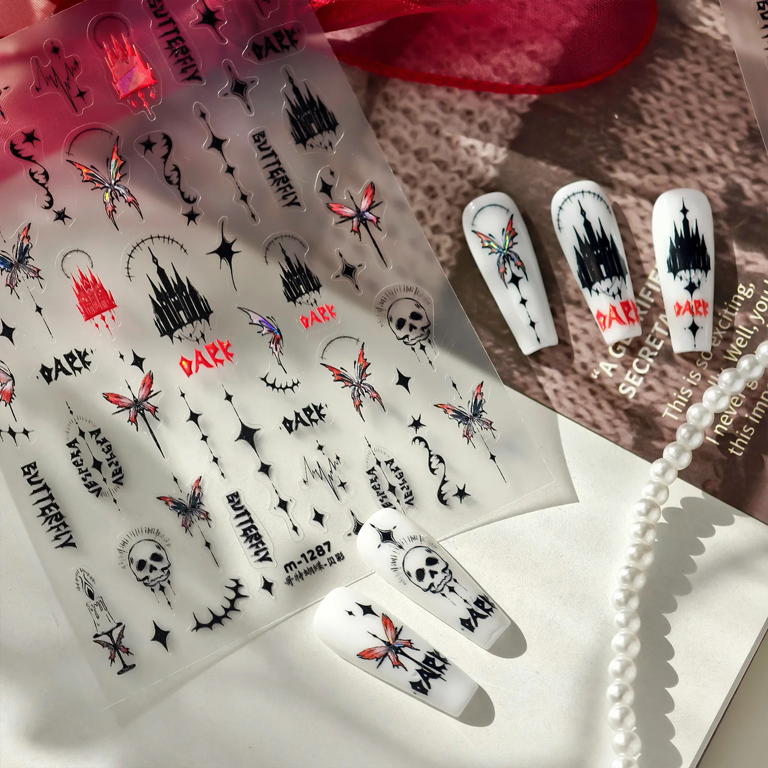 European and American Dark Style Butterfly Haunted House Nail Stickers Sweet Cool Flat Glass Shred Adhesive DIY Nail Stickers