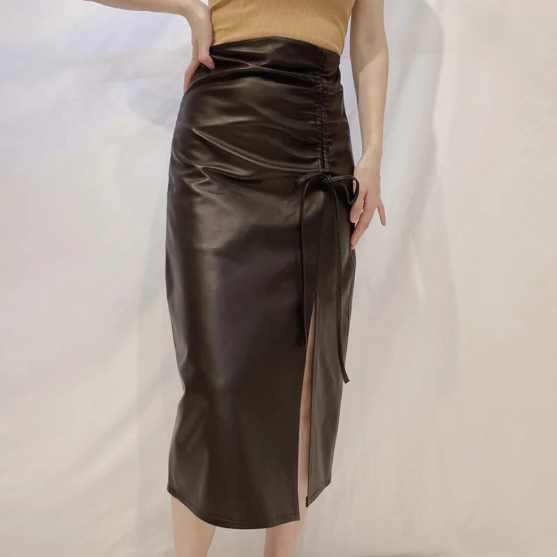 80cm Long Skirt For Women Version Real Leather Thin Split fork Jupe Lady Elastic Waist Patchwork Saia Longa Pleated Drawstring