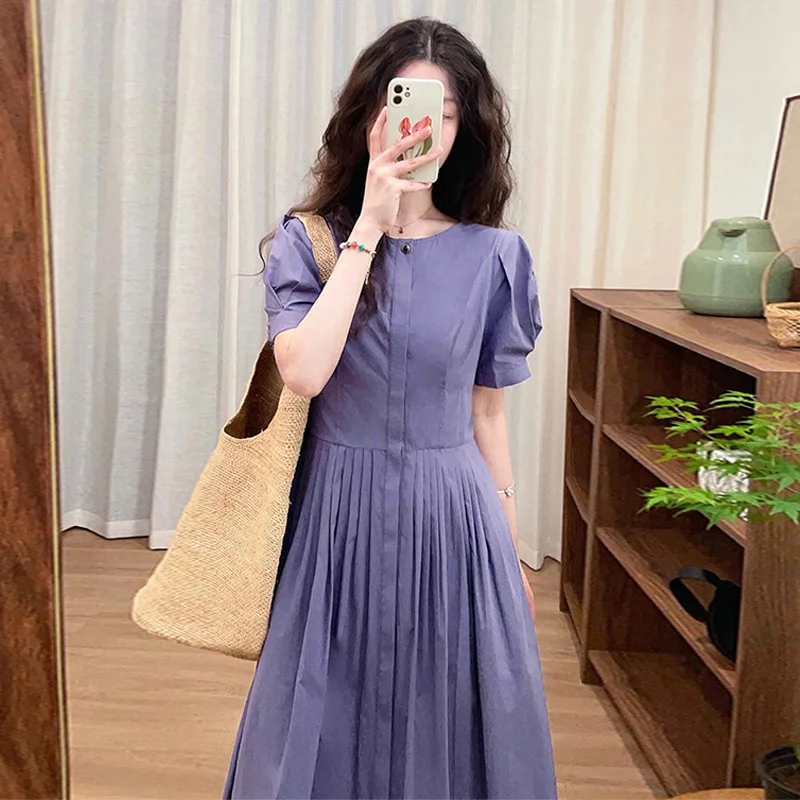 2024 Slimming Long Dress Cotton Pressed U-neck Waist-fitted Commute Dress Short Sleeve