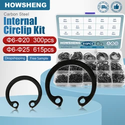 HOWSHENG 300pcs/615pcs Internal Circlip Assortment Kit Retaining Clip Ring Set Carbon Steel 6-25mm C Clip Washer Kit for Hole