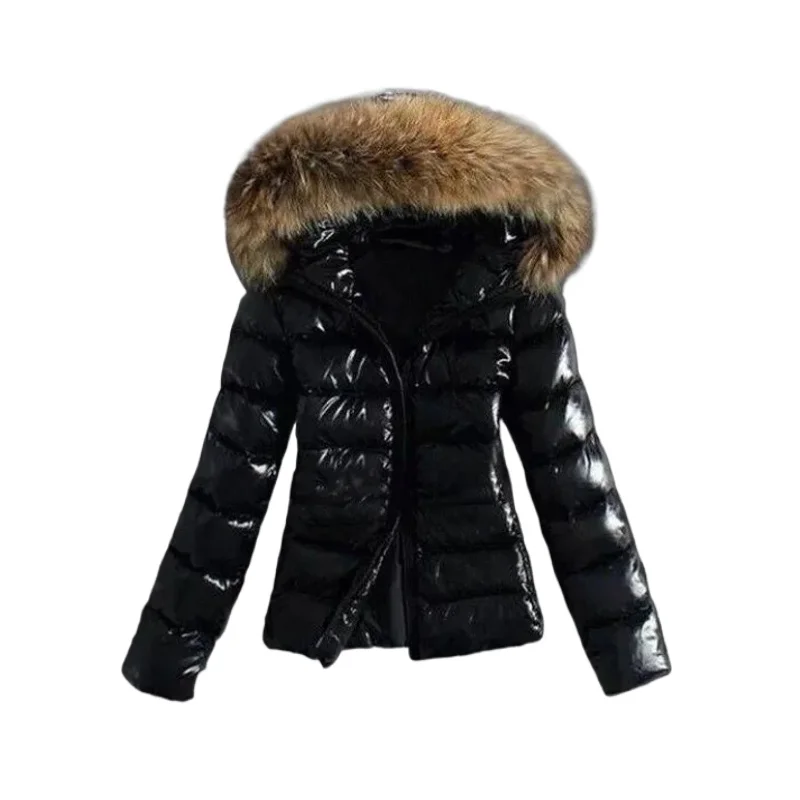 Women Winter Jacket Hooded Parkas with Big Faux Mink Fur Collar Zipper Pu Leather Padded Coats Black Striped Puffer Jackets Slim