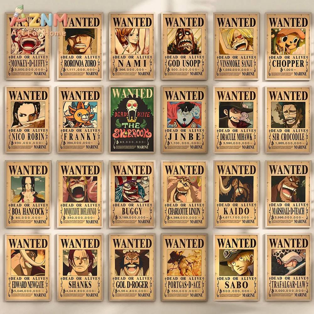 AZNM One Piece Wanted Poster Canvas Print Unframed Vintage Bounty Luffy Zoro Nami Sanji Anime Wall Art Decor Poster