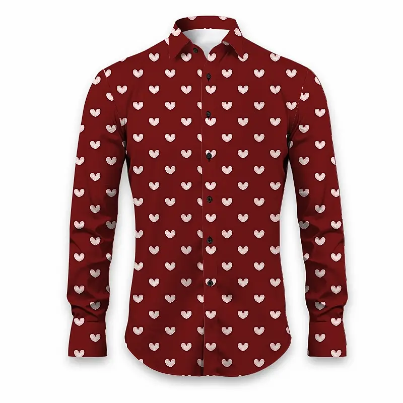 Men's Long Sleeve Shirt Valentine's Day Heart Shape Casual Men's Shirt for Everyday Outing Autumn Winter Lapel Long Sleeve Blue