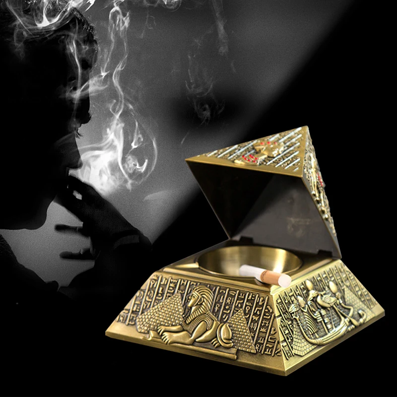 

Egyptian Pharaoh Windproof Metal Ashtray with Lid Pyramid Shape Vintage Home Decoration Gift Desktop Ornaments Art Craft