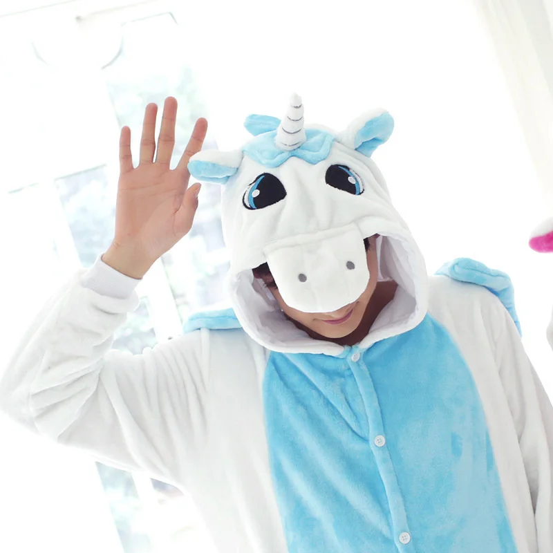 Unisex Erwachsenen Cartoon Tier einteiligen Pyjama Einhorn Langarm warme Kapuze Nachtwäsche Lounge wear Kigurumi Cosplay Overall