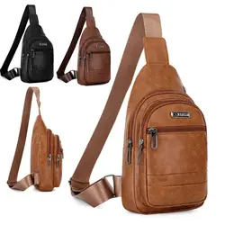 Fashion Men's Bags Leather Sling Zipper Pack Chest Shoulder Crossbody Bag