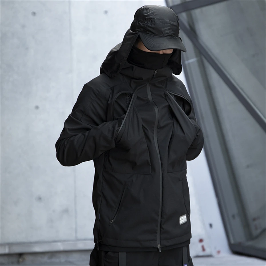 2025 Black Tactical Jackets Men Function Vintage Punk Ninja Windbreaker Streetwear Multi Pockets Waterproof Hooded Techwear Coat