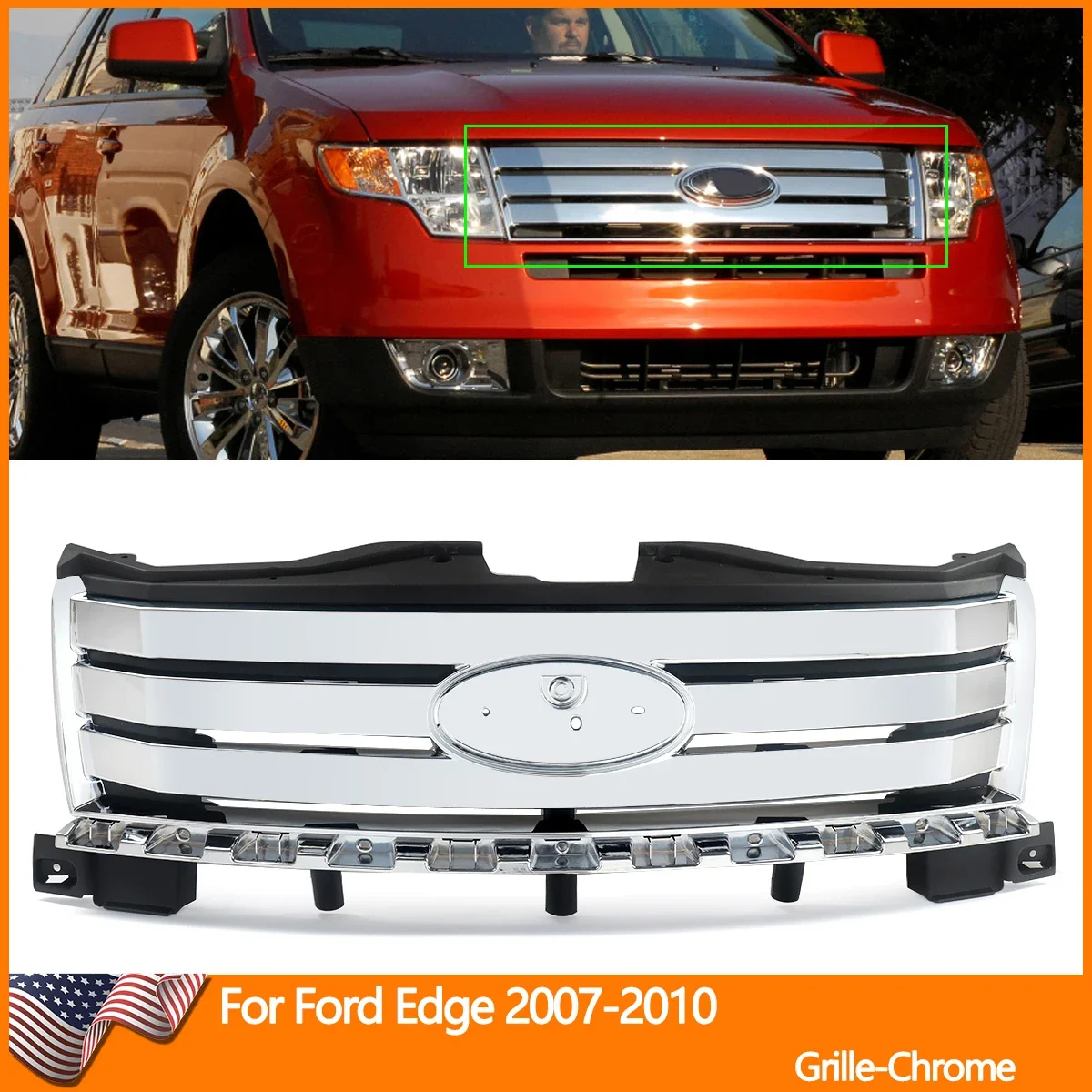 Front Bumper Grille Upper Grill Assembly Chrome Plastic For Ford Edge 2007-2010