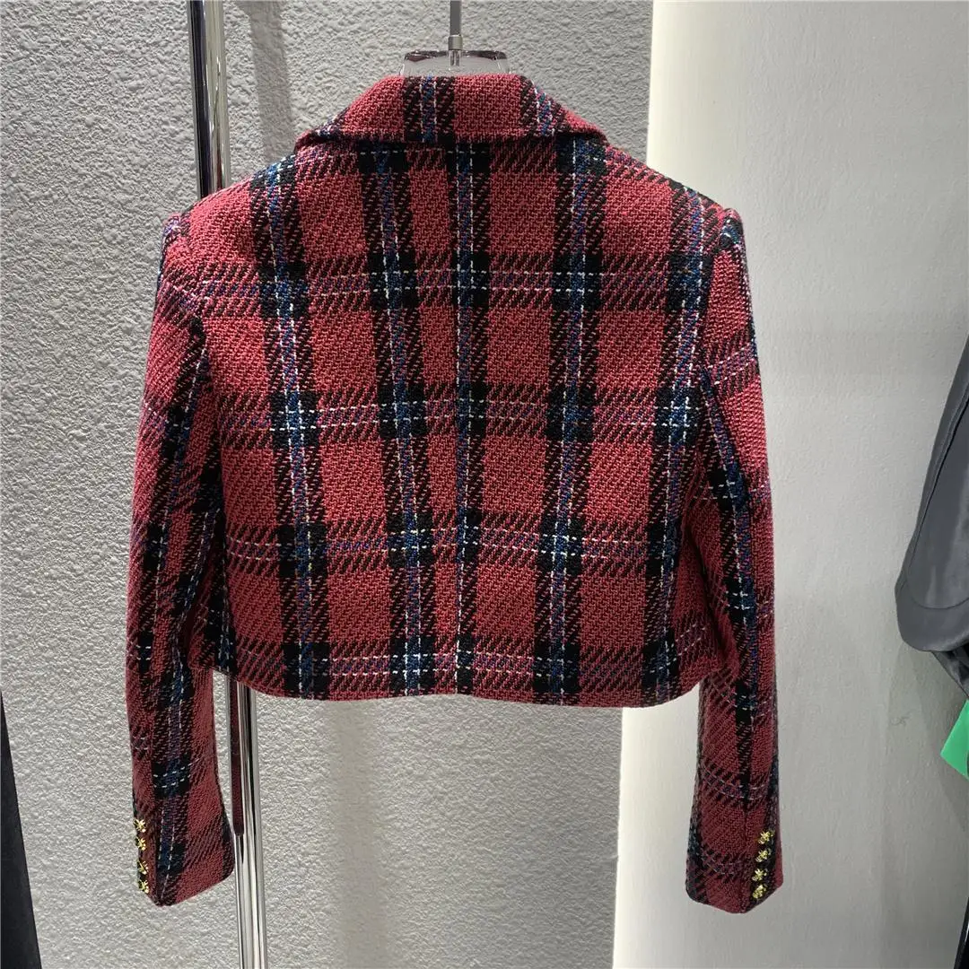 Vintage Tweed Plaid Red Jacke Women Autumn Sprinr 2024 New Long Sleeve Fragrant Party Coat Female Fashion Blazer Crop Tops