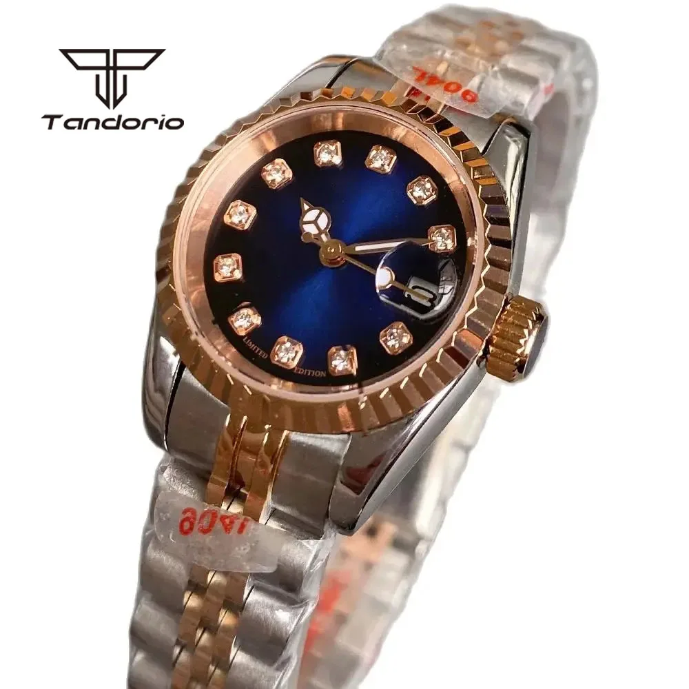 

Fashion Two Tone 26mm Lady Wristwatch NH05 Rose Gold Steel Automatic Watch for Women Diamond Marks Date Sapphire Blue Sunburst