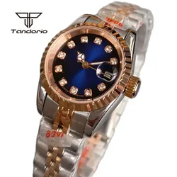 Fashion Two Tone 26mm Lady Wristwatch NH05 Rose Gold Steel Automatic Watch for Women Diamond Marks Date Sapphire Blue Sunburst