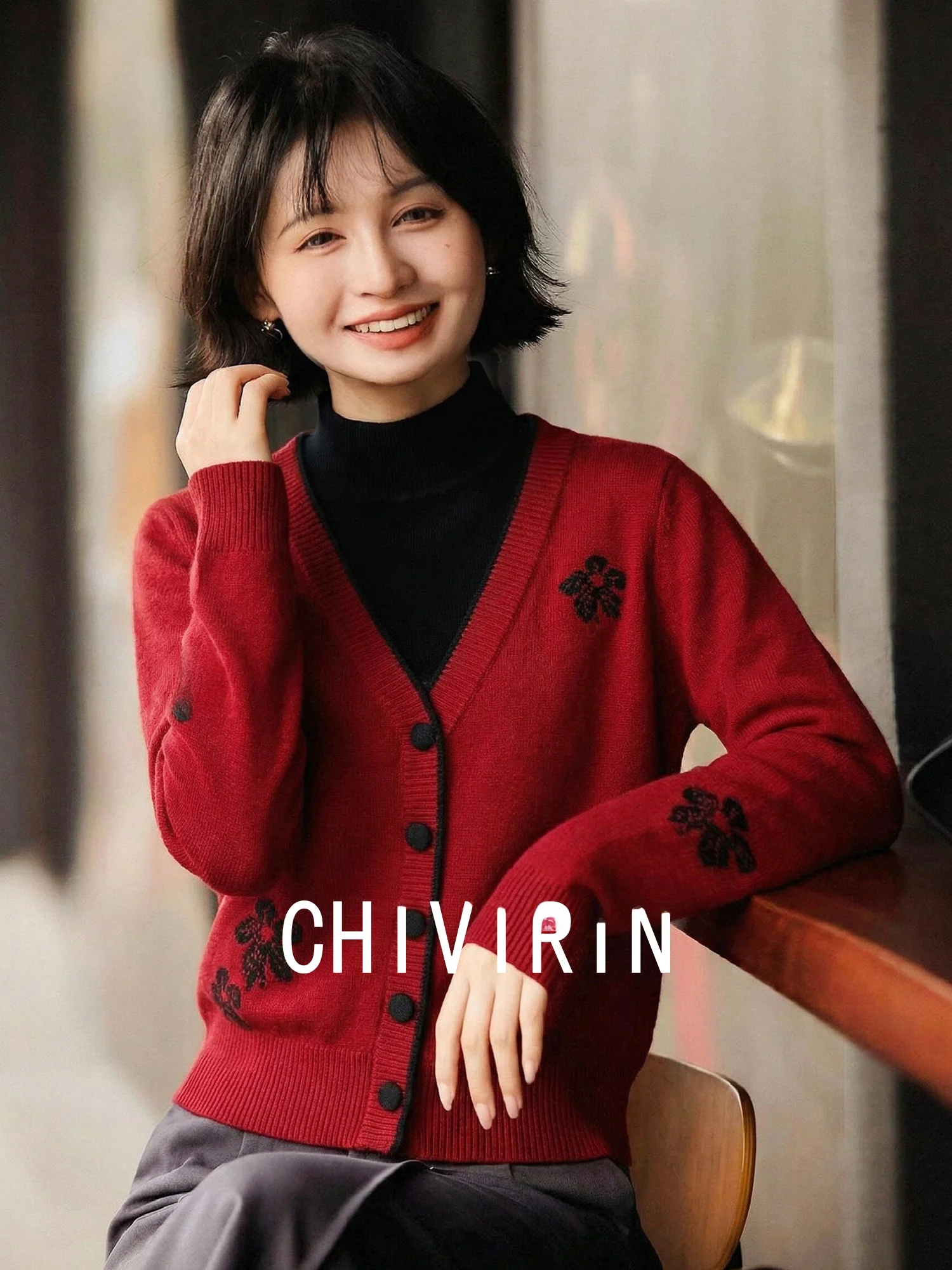 

Весенний вязаный свитер с V-образным вырезом, вышивкой, приталенный, женская модная ретро-кофта из шерстяной смеси с длинными рукавами