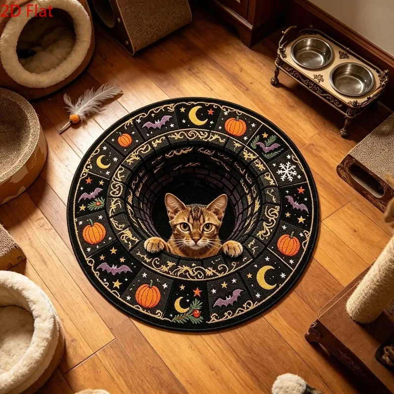 Cute Cat Halloween Pumpkin 3D Hole Doormat Front Door Back Door Laundry Home Decor Kitchen Hallway Patio Office Area Round Rug
