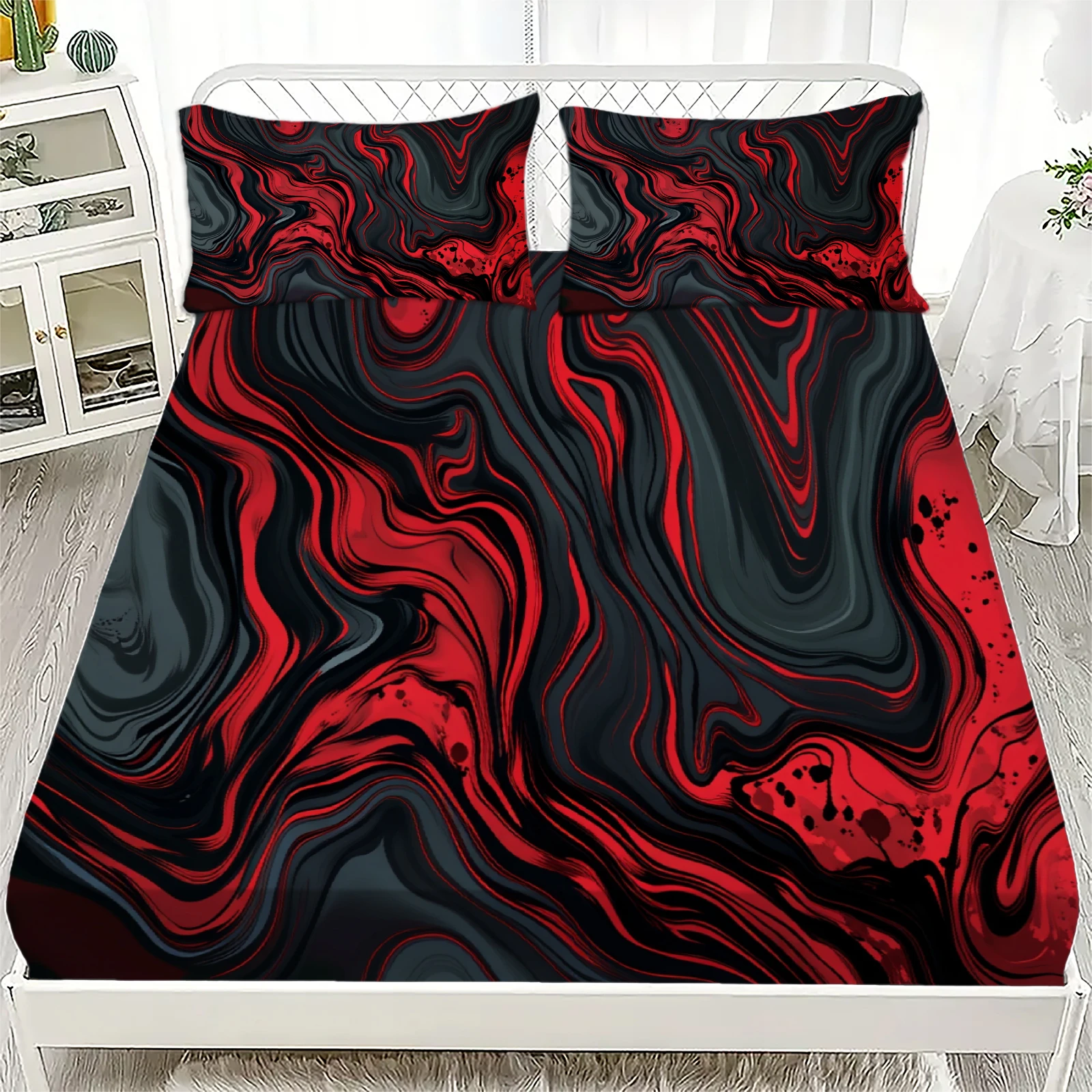 3pcs Red And Black Abstract Wave Flat Sheet 3D Printed Fitted Sheet With Pillowcases No Filling Cool Visual For Boys Teen Adult