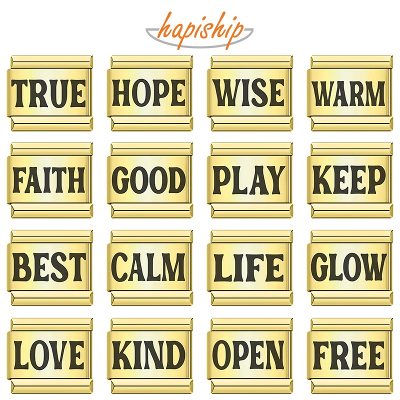 Hapiship Golden Play Keep Best Life Free Cool Kind Love Italian Charm Fit 9mm Stainless Steel Bracelet DIY Making Jewelry DJ1474