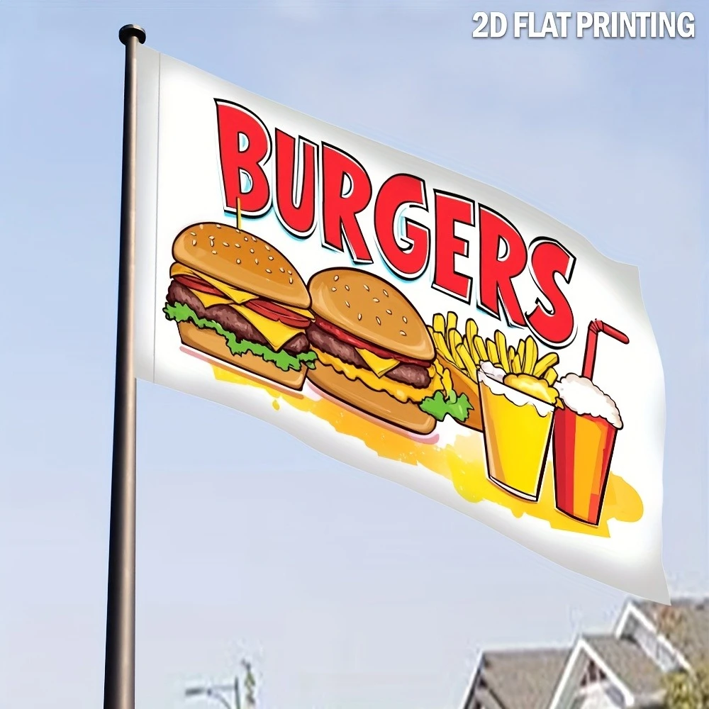 Bandera divertida para hamburguesas y patatas fritas, decoración de césped al aire libre vibrante, pancarta de porche de poliéster duradera para barbacoa, fiestas, 1 ud.