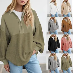 Sudadera de Color liso con cremallera y cuello en V para mujer, jersey de moda, Tops de otoño, nuevo estilo, 2024