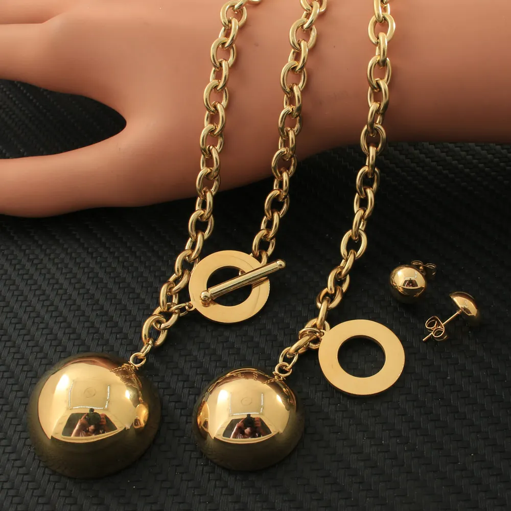 Gold Color Round Necklace Bracelet Stud Earrings Newest Stainless Steel Jewelry Sets For Women Fashion SFGZBOCF