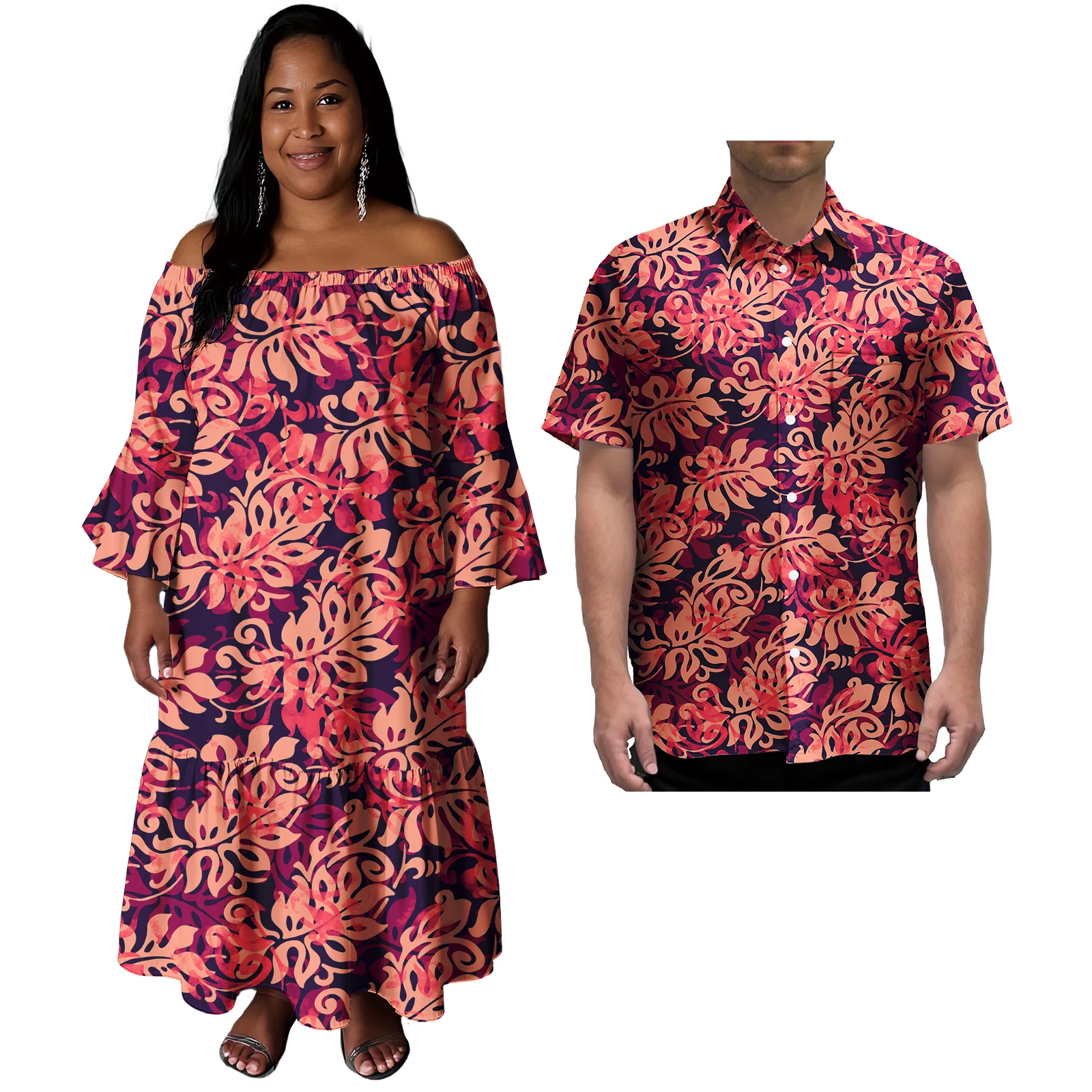 ล่าสุดซามัวคู่เสื้อผ้า Polynesian Tropical พิมพ์ชุดลําลองสตรีสไตล์เกาะพร้อมเสื้อฮาวายผู้ชายที่ตรงกัน