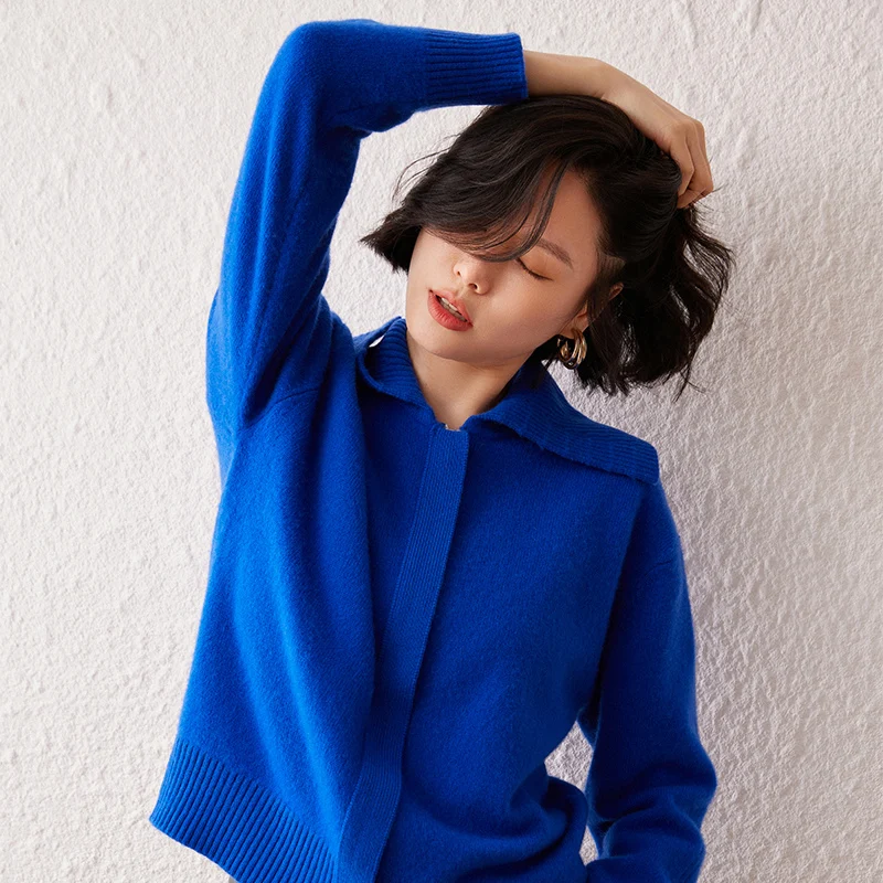 เสื้อคาร์ดิแกนแคชเมียร์แท้ 100% พร้อมปกพับสำหรับผู้หญิง เสื้อคาร์ดิแกนแบบมีซิป เสื้อโค้ททรงหลวม กระชับสัดส่วน หนา อุ่น