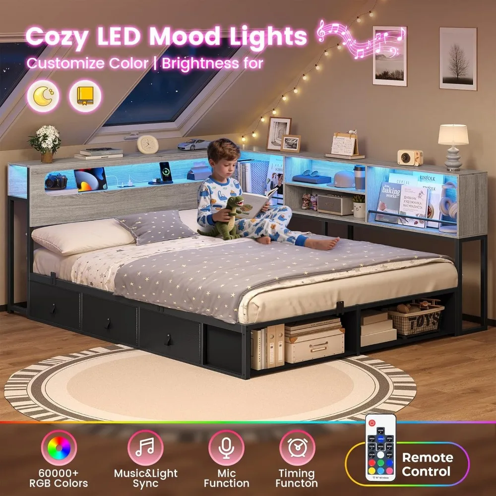 Полноразмерный угловой каркас кровати с местом для хранения книжного шкафа, RGB-подсветкой, зарядной станцией, металлической кушеткой, 3 ящиками и 2 открытыми полками