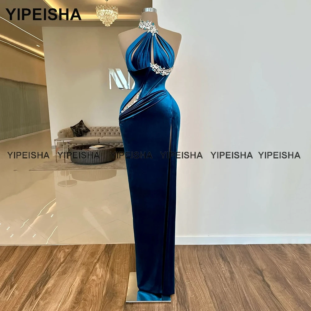 Женское бархатное платье Yipeisha, темно-синее бархатное платье для выпускного вечера, велюровое платье с бисером и высоким разрезом