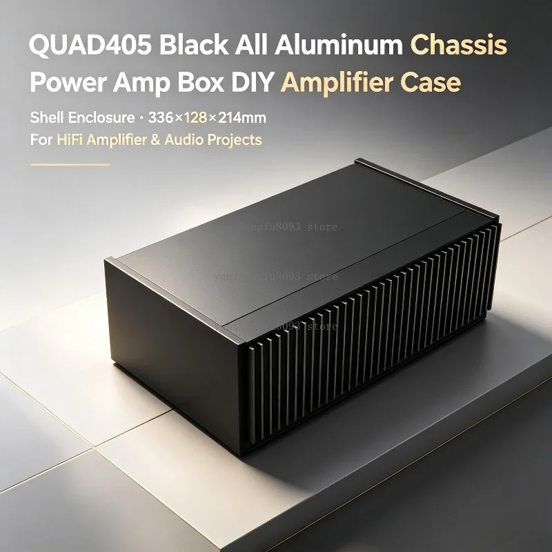 QUAD405 Black All Aluminum Chassis, Power Amp Box DIY Amplifier Case Shell Enclosure 336×128×214mm for HiFi Audio Projects