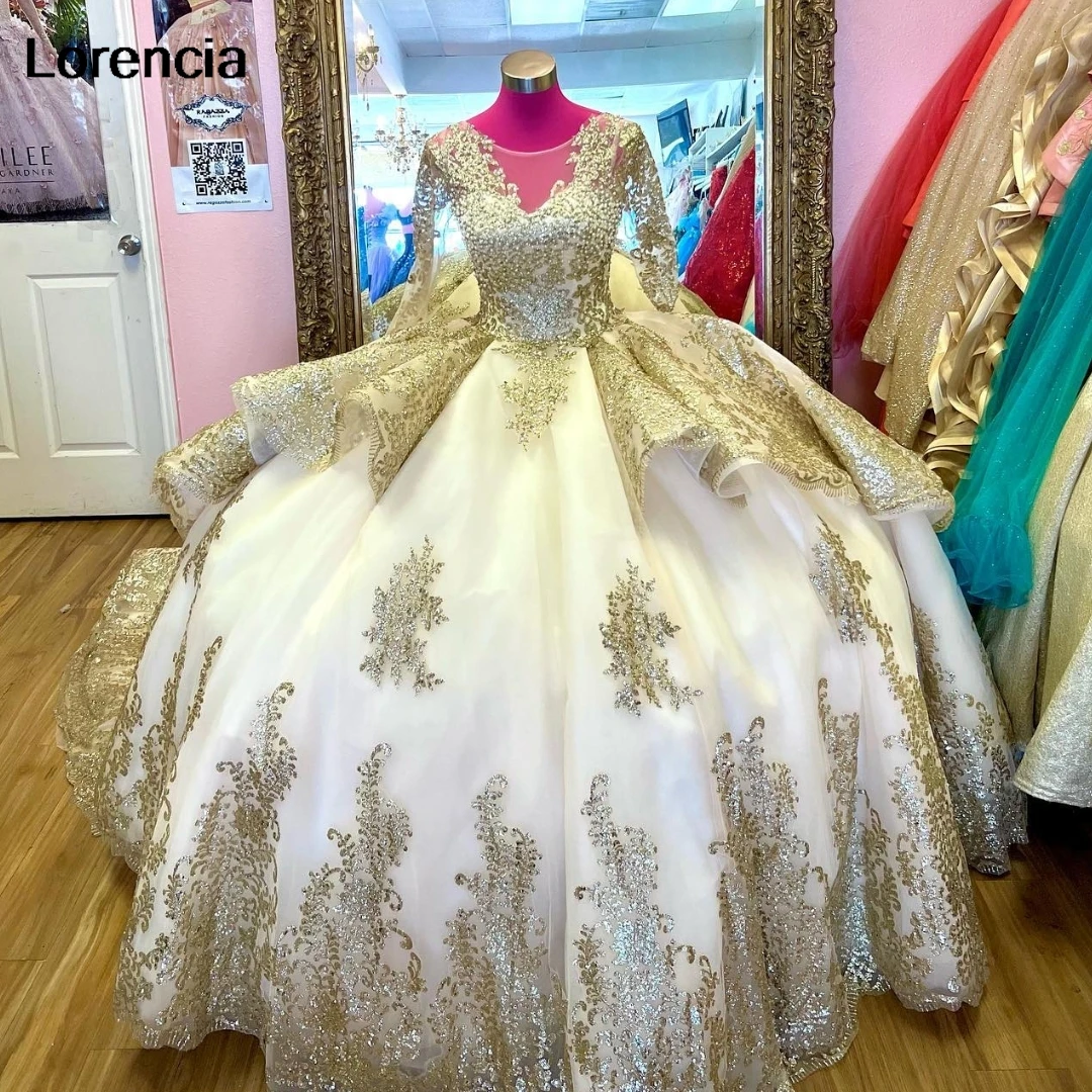 

Customized Mexican Gold Quinceanera Dress Ball Gown Long Sleeve Lace Applique Beading Tiered Sweet 16 Vestidos De 15 Años YQD856