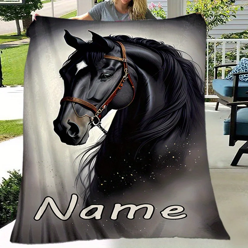 Personalized Custom Name Black Horse Flannel Blanket Soft Flannel for Camping Travel Christmas Decor Nap Gift for Friends Family