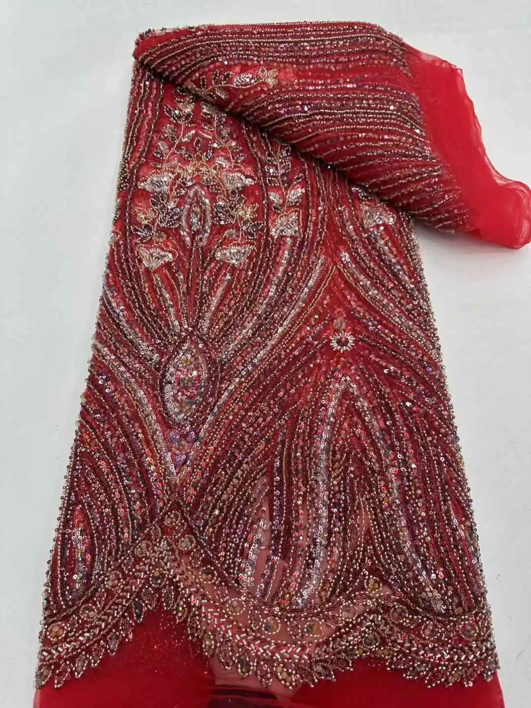 

2025 France High-End Luxury Elegant Red Handmade Beaded Lace Fabric Nigerian With Sequins Mesh Lace Fabric For Wedding Dress