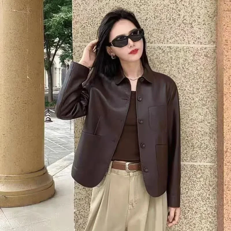 2026 Spring Autumn New Fashion Beautiful Leather Jackets Top Women's Leather Coat Lapel Collar Short Motorcycle Jacket Outerwear