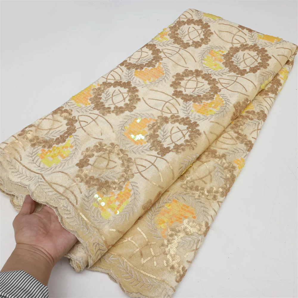 

African Gold Velvet Lace Fabric 2023 High Quality 5 Yards Nigerian Sequenant Embroidery Fabric For Party Dress Sewing QF2017-2