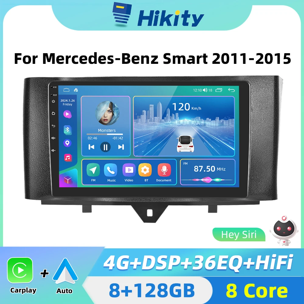 Hikity AI Voice 2 din Android Car Radio for Mercedes Benz Smart fortwo 2011-2015 CarPlay Android Auto Stereo 4G GPS 2din No DVD