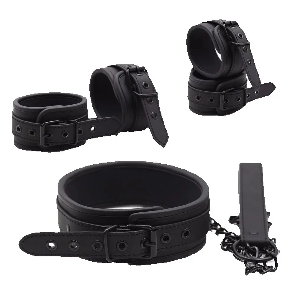PU Leather SM Products Wrist Cuffs & Ankle Cuffs & Neck Collar Set, BDSM Bondage Sex Toys, Hancuffs Cosplay Accessories