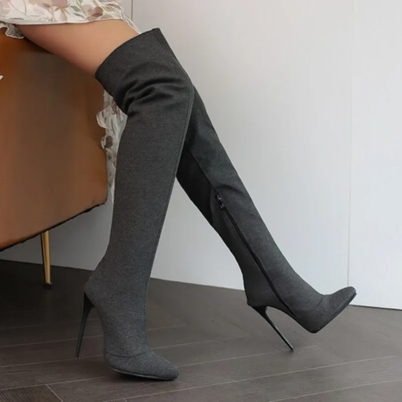 

Winter Shoes Women Stilettos Thin Heels Over The Knee Boots Pointed Toe Stretched Zipper Thigh high Booties