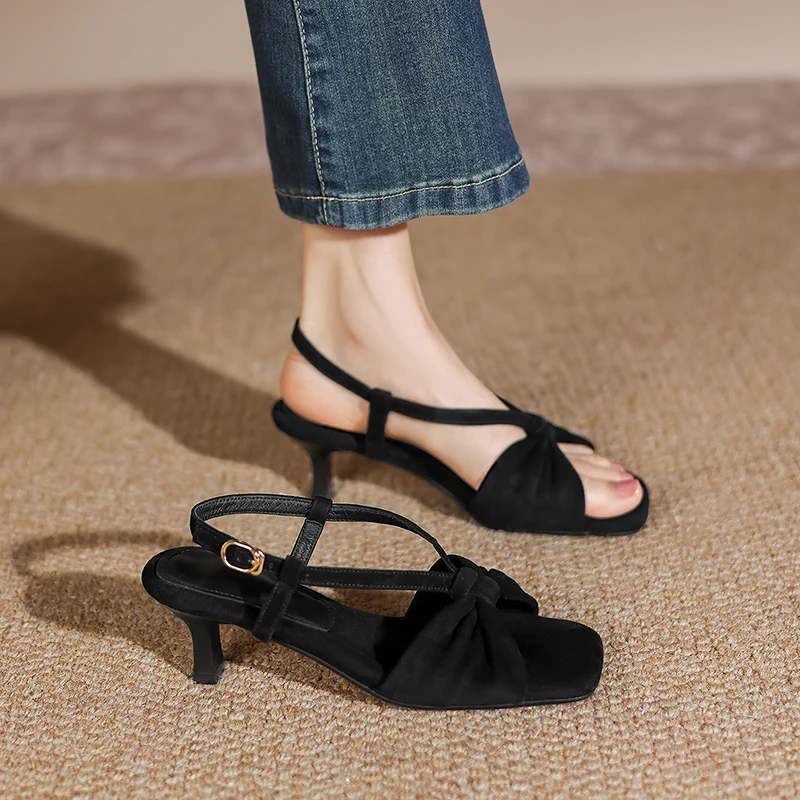 2026 summer women sandals natural leather plus size 22-26cm kid suede+cowhide+pigskin open toe back-buckle high heel women shoes view 5
