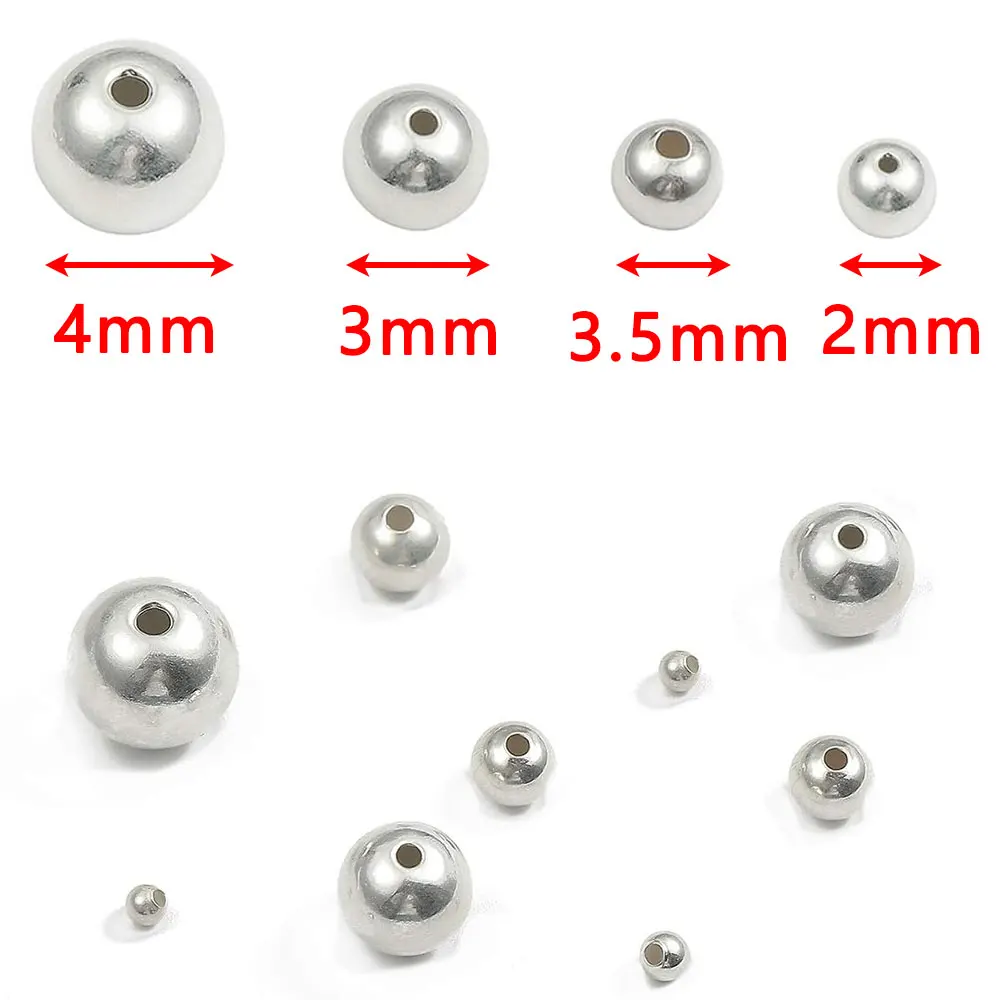 2/3/4mm 925 Silver Smooth Round Metal Beads Ball Beads Spacer for DIY Jewelry Making Beadings Bracelet&Necklace Findings