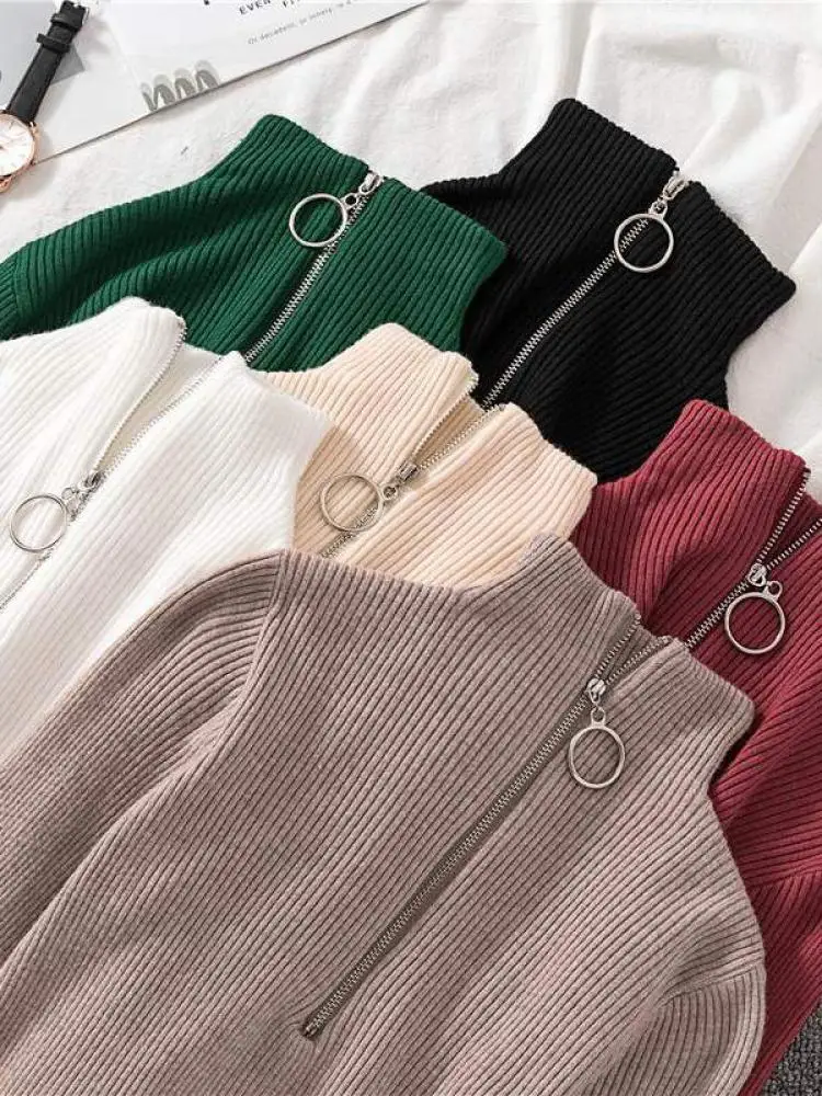 

Women Fashion Solid Knitted Sweaters Vintage Long Sleeve Zip-up Basic Half Turtleneck Sweater Female Pullovers Chic Casual Tops
