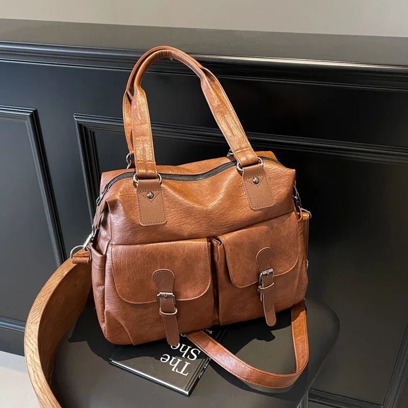 Large-capacity simple portable shoulder bag European and American fashion solid color tote bag retro casual ladies crossbody bag