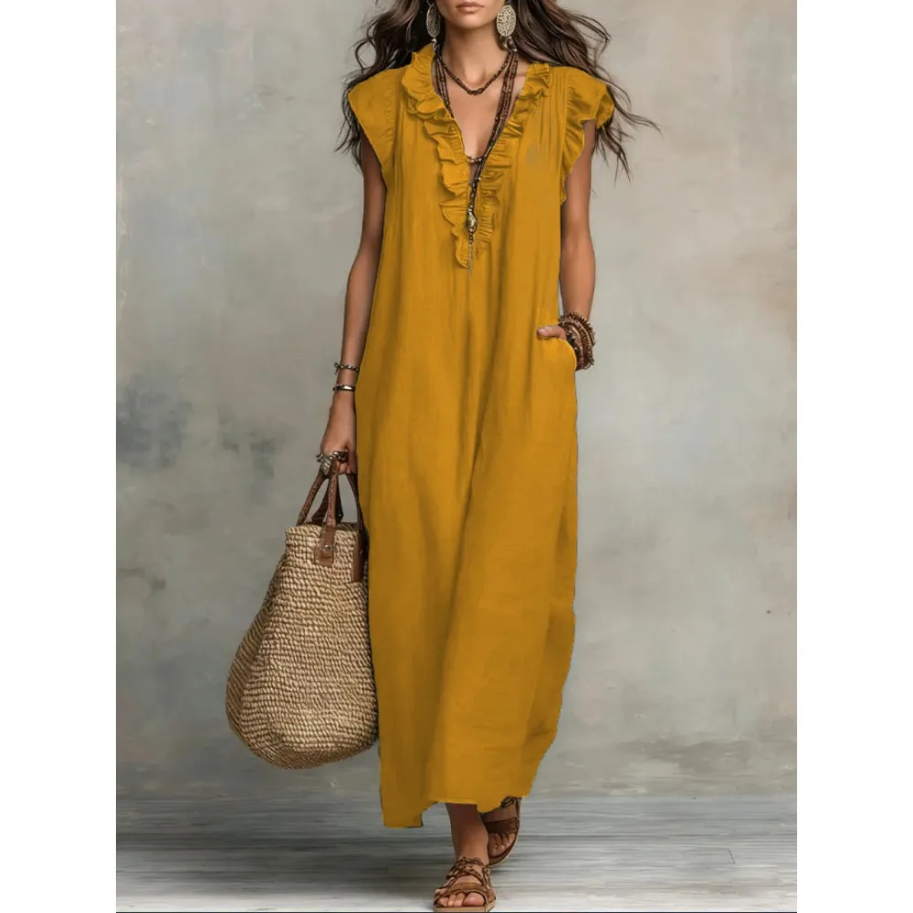 Women Bohemian V Neck Flutter Sleeve Maxi Dress Summer Casual High Waist Flowy Beach Long Dresses Loose Fit Sun Dress - Image 6