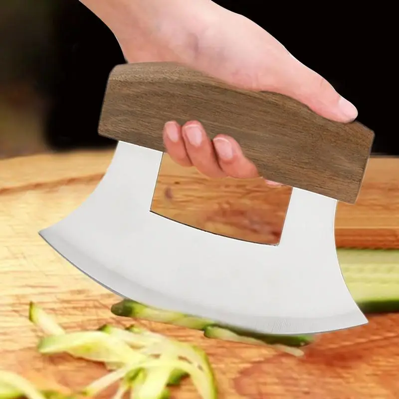 Aço inoxidável Alaskan Ulu cortador com suporte de madeira, Rocker Slicer, ergonômico Anti-Slip Handle, Mezzaluna cortador, aperto de madeira